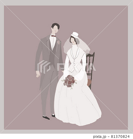 椅子に座ったドレスを着た女性と タキシードの男性 結婚 ウエディング レトロ クラシカルのイラスト素材
