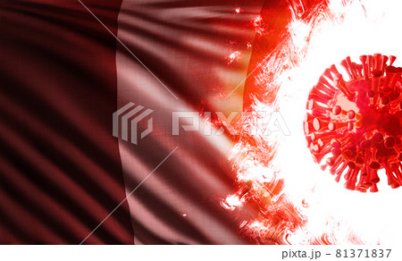 ペルー共和国の国旗を燃やすラムダ株の新型コロナウイルスの3Dイラスト。 ペルー共和国の国旗を燃やすラムダ株の新型コロナウイルスの3Dイラスト。 81371837