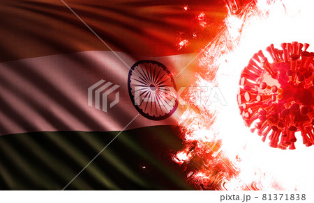 インド共和国の国旗を燃やす新型コロナウイルス細胞のイラスト の写真素材