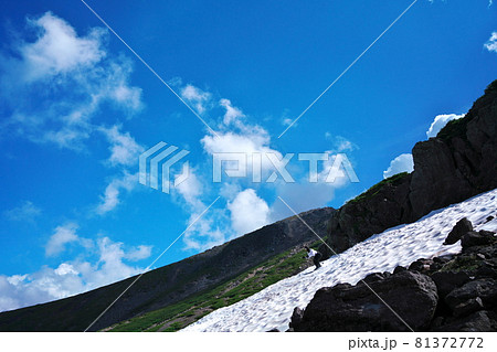 乗鞍大雪渓上部飛左側で雲上の夏スキー 乗鞍大雪渓上部飛左側で雲上の夏スキー 81372772