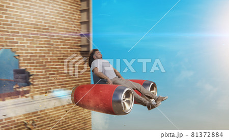 Man flying away on jet armchair Man flying away on jet armchair 81372884