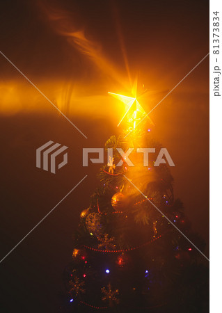 Christmas tree with shining star and dense smoke Christmas tree with shining star and dense smoke 81373834