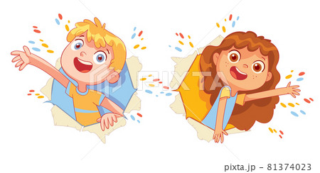Children look through a torn paper hole 81374023