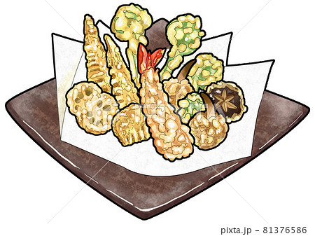 山菜、海老の天ぷらの盛付け　主線あり（白フチ） 81376586