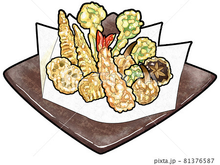 山菜 海老の天ぷらの盛付け 主線ありのイラスト素材