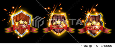Victory game badge icon set, vector UI winner medal kit, wooden medieval shield, star, sparks, fire 81376600