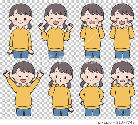 パーカーを着た女の子の表情セットのイラスト素材