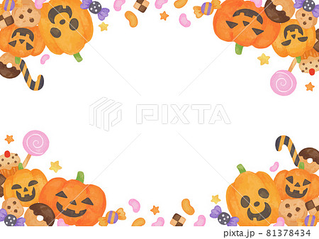 色鉛筆手描き風 ハロウィン お菓子とカボチャのトリックオアトリート フレームのイラスト素材