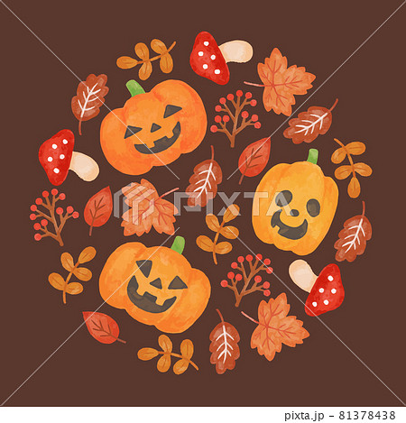 色鉛筆手描き風 ハロウィン 秋の葉っぱとキノコとカボチャのグラフィック素材のイラスト素材