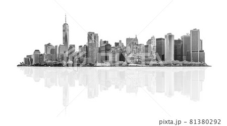 Black and white skyline panorama of downtown Financial District and the Lower Manhattan in New York City, USA. isolated on background with reflection 81380292