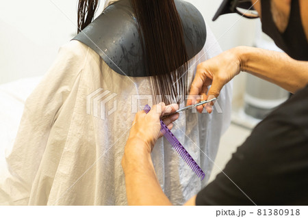 ヘアサロンで女性の髪の毛をカットするスタイリストの手元 ヘアサロンで女性の髪の毛をカットするスタイリストの手元 81380918