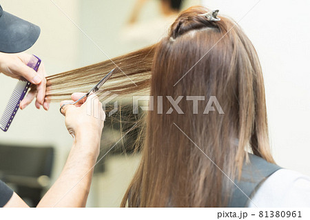 ヘアサロンで女性の髪の毛をカットするスタイリストの手元 ヘアサロンで女性の髪の毛をカットするスタイリストの手元 81380961