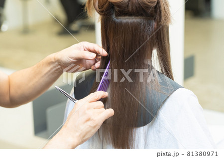 ヘアサロンで女性の髪の毛をカットするスタイリストの手元 ヘアサロンで女性の髪の毛をカットするスタイリストの手元 81380971