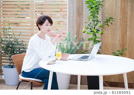 屋外でワーケーション中にスマホを操作する女性 屋外でワーケーション中にスマホを操作する女性 81383091