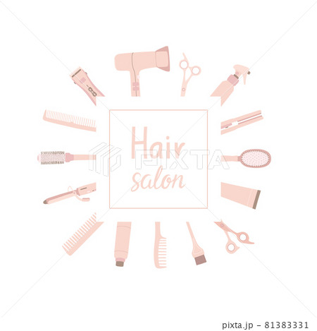 Square border frame with beige hairdressing tools around. Vector illustration with accessories for a hair salon with copy space design and logo. Square border frame with beige hairdressing tools around. Vector illustration with accessories for a hair salon with copy space design and logo. 81383331