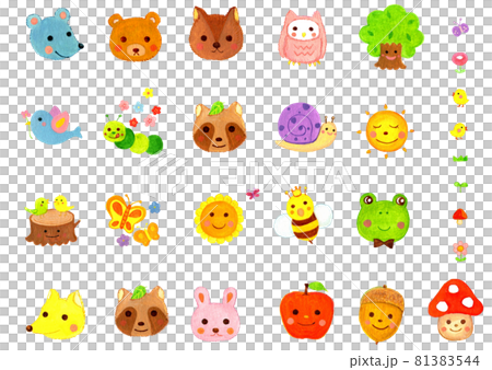 森の動物たちとその仲間たちのかわいい水彩手描きセット 81383544