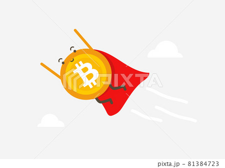 Bitcoin superhero flies through the clouds. Cryptocurrency cartoon concept. Bitcoin superhero flies through the clouds. Cryptocurrency cartoon concept. 81384723