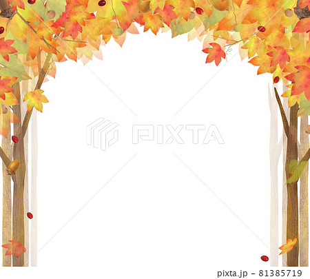 もみじやカエデやどんぐりなどの秋の木々と葉っぱの風景のベクターオシャレな白バックフレームのイラスト素材