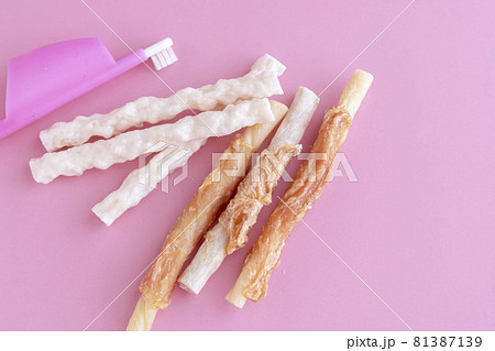 ピンク背景の犬用デンタルガムと歯ブラシ ピンク背景の犬用デンタルガムと歯ブラシ 81387139