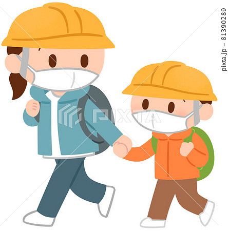 避難する女性と子供 マスク着用 のイラスト素材