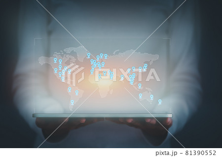 Businessman looking at virtual map pins from tablet to plan to expand commercial market, satellite navigation system, business expansion concept. 81390552