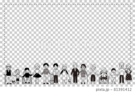 Monochrome illustrations of people with artificial legs, wheelchairs, visually impaired, hearing impaired, people of various races and ages 81391412