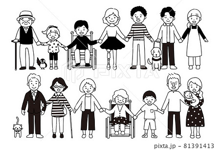 義足、車椅子、視覚障害、聴覚障害、様々な人種、年齢の人々のモノクロイラスト 81391413