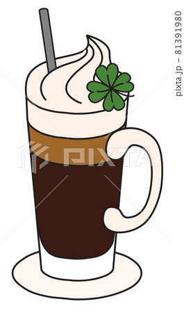 Stylish hand-drawn doodle cartoon style hot winter sweet Irish Coffee cocktail decorated with hard cream and four-leaf clover. A vector illustration for card, bar menu or alcohol cook book recipe 81391980