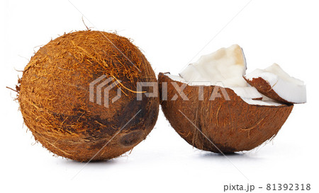 close up of a coconut craked into pieces close up of a coconut craked into pieces 81392318