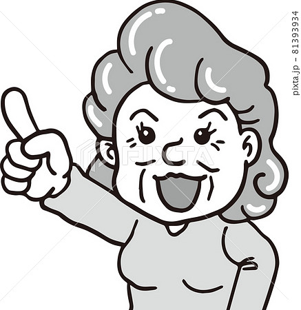 指を差す_70代高齢女性_上半身_モノクロ 81393934