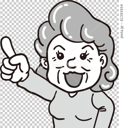 指を差す_70代高齢女性_上半身_モノクロ 81393934