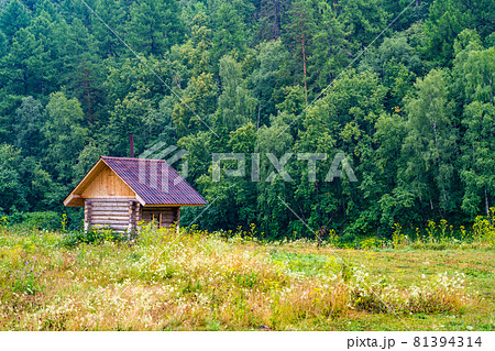 Wooden bathhouse in the beautiful Russian nature by the river. Wooden bathhouse in the beautiful Russian nature by the river. 81394314