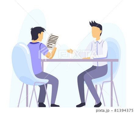Bank office interior design. Man sitting in office and consulting with bank worker. Assistant offering personal and business help inside room view. Banking service finance manager and client 81394375