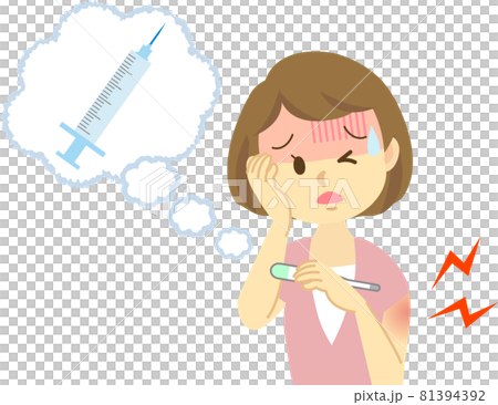Illustration material: A young woman has a series of side reaction symptoms after injection of new coronavirus vaccination. Fever 81394392