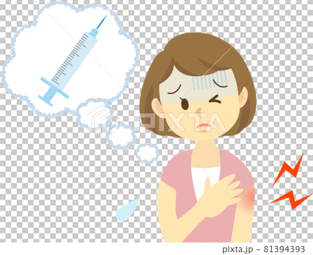 Illustration material: A young woman has a series of adverse reactions after injection of new coronavirus vaccination. Swelling at the inoculation site. 81394393