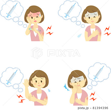 イラスト素材 若い女性が新型コロナウイルスワクチン接種の注射後に副反応の症状がでる様子 セットのイラスト素材