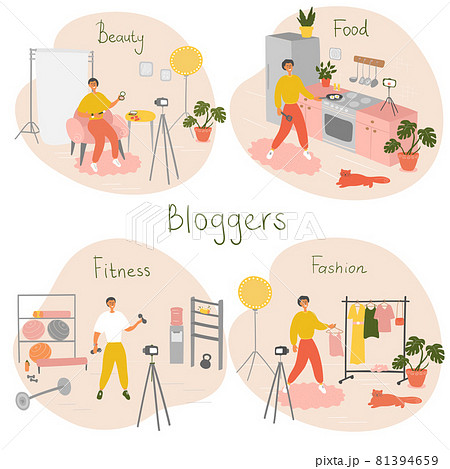 Set of bloggers and vloggers characters making internet content. Peoples creating video for their blog channel. Influencers shooting vlog. Vector cartoon illustration 81394659
