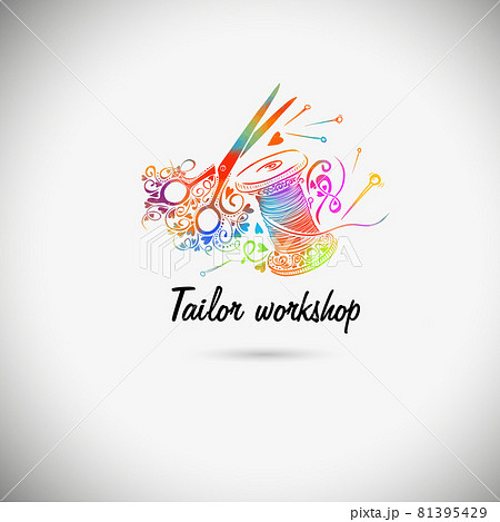 Spool of thread abstract. multicolored Tailor workshop. Mixed media. Vector illustration 81395429