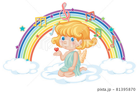 Cupid girl on the cloud with melody symbols on rainbow 81395870