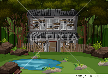 Scene with abandoned house in the dark forest Scene with abandoned house in the dark forest 81396388