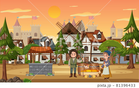 Medieval town at sunset time scene with villagers - Stock Illustration  [81396433] - PIXTA