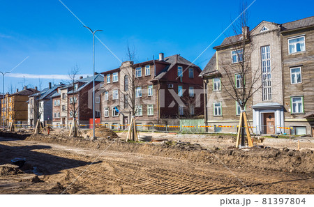 Reconstruction of an old street with wooden houses in Tallinn. 81397804