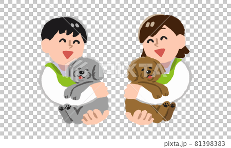 犬を抱っこするエプロンを着用した店員の男女（手描きカラー） 81398383
