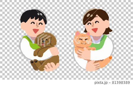 犬と猫を抱っこするエプロン姿の男女(手描きカラー) 犬と猫を抱っこするエプロン姿の男女(手描きカラー) 81398389