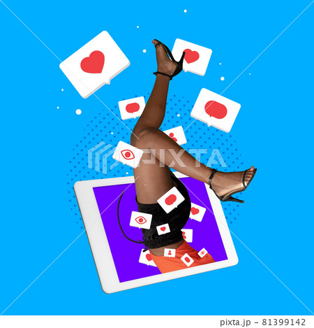 Contemporary art collage of woman legs appearing from tablet with social media signs, likes icons 81399142