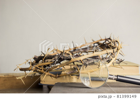 Open book, thorn crown and a magnifying glass over the light wall. 81399149