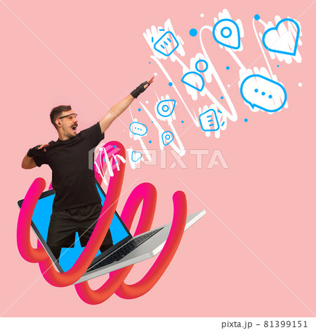 Contemporary art collage of man appearing from laptop and fighting with soicla media addiction 81399151