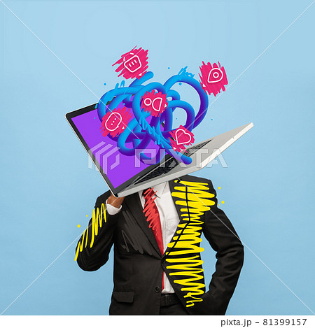Contemporary art collage of man with laptop and flying app icons 81399157