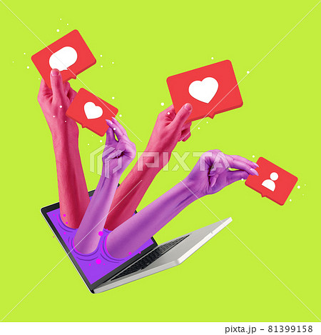 Collage of colourful hands appearing from laptop and holding social media signs 81399158