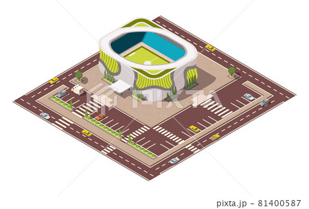 Isometric sport arena. Place for biggest sport competitions. Vector icon or infographic element representing football basketball or hockey stadium with cars and buses on the street 81400587